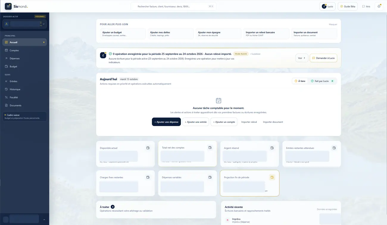 Capture authentique de l’interface Sismondi montrant le suivi des comptes et les opérations. Les noms, profils et montants sont masqués pour protéger les données personnelles.